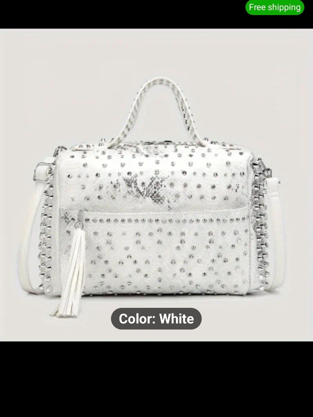 Studded White Faux Leather Satchel with Tassel